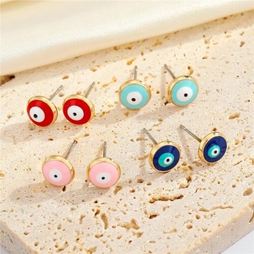 1PC Vintage Cute Enamel Round Evil Eye Stud Earrings For Women Men Colorful Lucky Turkish Eye Small Ear Stud Party Jewelry E790