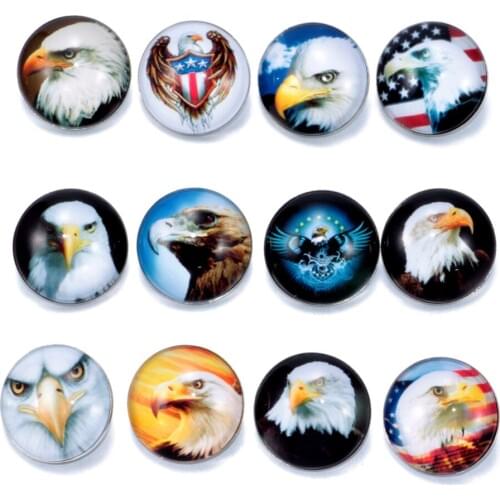 12pcs/lot Eagle Theme Glass Button 18mm Snap Button Charms For 18mm Snaps Bracelet Snap Jewelry KZ0191