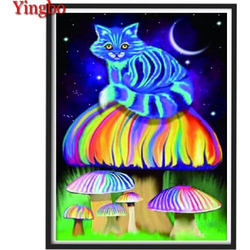 Diamond Mosaic High Quality Crystal Embroidery Night Cat over Mushroom 5D DIY Diamond Painting Full Drill Modular Pictures