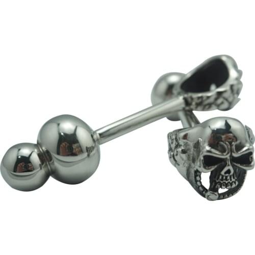 Length 128mm new design Skull head stainless steel anal butt plug with cock ring metal two anal beads fetish insert sex toys
