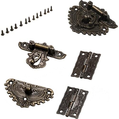 Antique Bronze Furniture Hardware Box Latch Hasp Toggle Buckle+ 2Pcs Decorative Cabinet Hinges for Jewelry Wooden Box+12 Screws