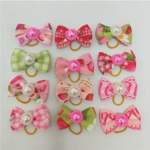 50pcs Dog Hair Bows Grooming Bows Pet Cat Hair Bows Rubber Bands Strawberry Fruit Design Pet Grooming Accessories for Small Dogs