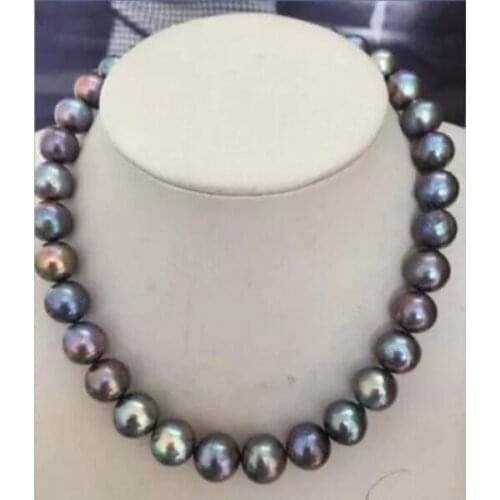 PERFECT 12-13mm TAHITIAN BLACK RED GREEN PEARL NECKLACE17.5" 14K clasp