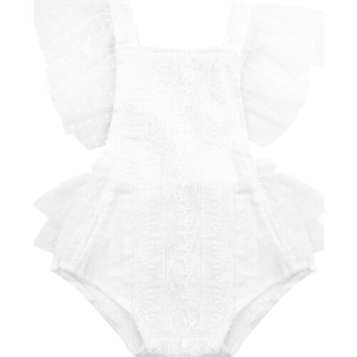 2021 0-24M Infant Baby Girl Romper Summer Princess Flower Lace Fly Sleeve White Solid Tassels One Piece Playsuit Outfit