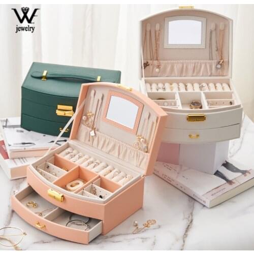 WE New Wear-resista Leather Jewelry Box Travel Jewelry Organizer Multifunction Necklace Earring Storage Box with Mirror Gifts