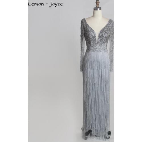 Lemon joyce Elegant Long Evening Dresses 2020 V-neck Long Sleeves fringe Beading Dress Dubai vestidos de festa