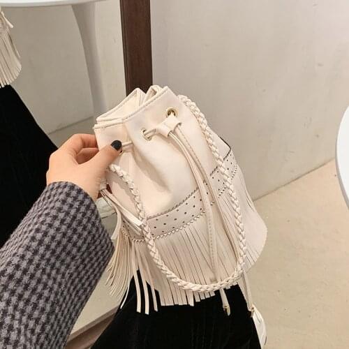 Small Handbags for Women 2021 New Luxury Brand Bucket Bag Ladies Tassel Vintage Satchel Shoulder Bag Leather Pleated Womens Bag