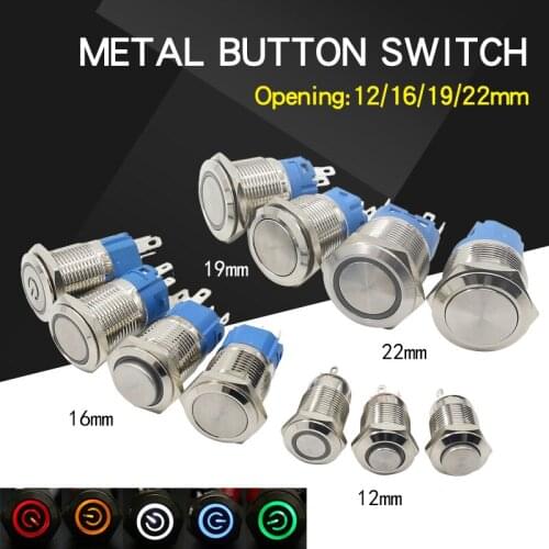 12/16/19/22MM Metal Push Button Switch LED Light Self-Locking/Self-Reseting Car Engine Power Switch Waterproof 12V 24V 110V 220V