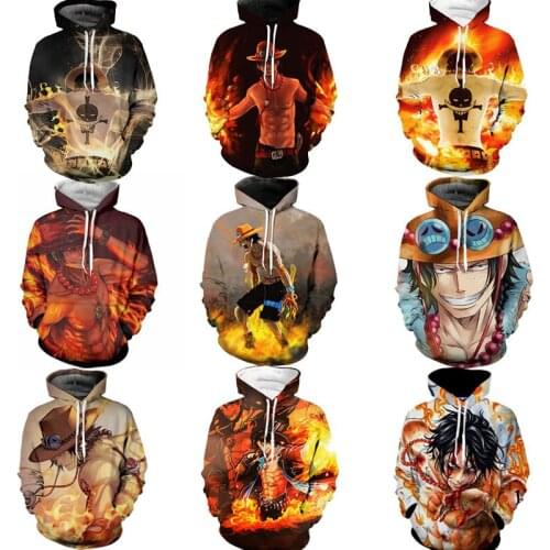 New Anime ONE PIECE Costume Portgas D Ace Sweatshirts Cosplay Autumn Men European and American 3D Printing Jacket Hooded sweater