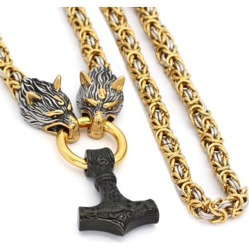 Stainless steel Wolf head norse viking amulet thor hammer pendant necklace men viking king chain with valknut gift bag