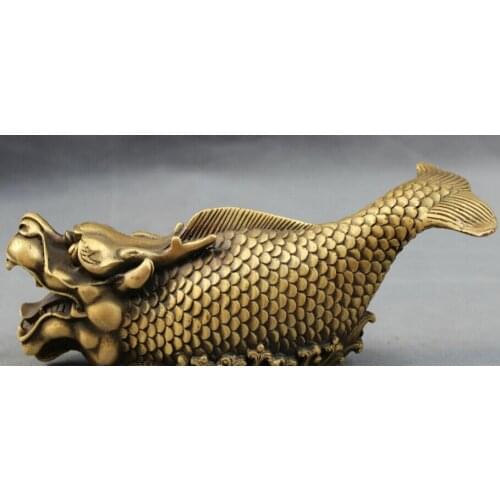 Song voge gem S2633 8" Chinese Bronze Buddhism FengShui Wealth Dragon Fish Head Statue Sculpture