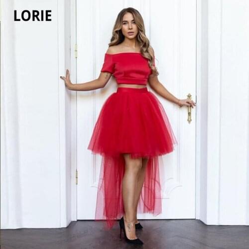 LORIE Two Piece Prom Dresses Strapless Short Sleeve High Low Evening Dresses Red Satin Tulle A-Line Celebrity Party Dress 2021