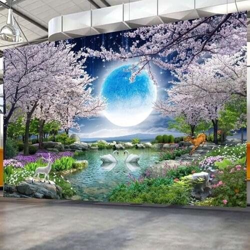 Custom Self-Adhesive Waterproof Mural Wallpaper 3D Moon Cherry Blossom Tree Swan Landscape Fresco Living Room Removable Stickers