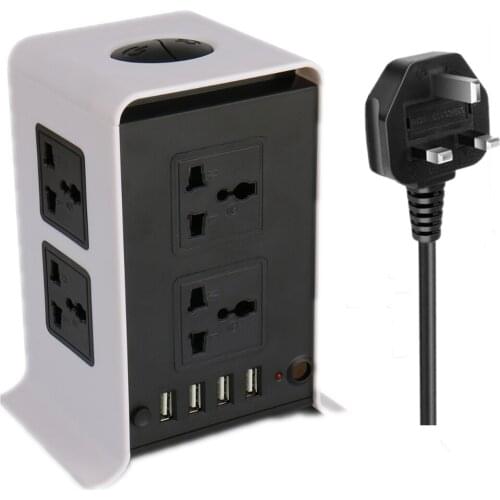 UK Power Strip Tower with USB Ports and 8 Outlet Extender 2M Extension Cord On Off Switch Socket UK Plug for Office Home