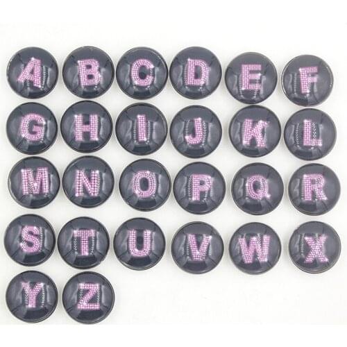 26pcs Interchangeable Snap Jewelry DIY 18mm Cabochon Pink Initial Letters Button for Snap Bracelet Snap Necklaces Earrings