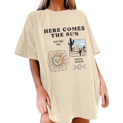 Sunfiz YF Beach Vocation Tees Here Comes the Sun Women Graphic Tee 70s 80s Vintage Shirt Plus Size Loose Cotton Tee