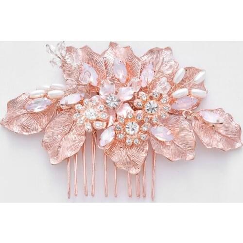 SLBRIDAL Rose Gold Crystal Rhinestones Flower Wedding Jewelry Hair Comb Bridal Headpieces Hair Accessories Bridesmaids Women