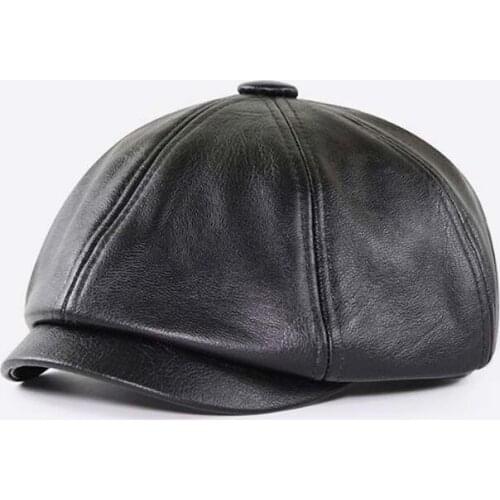 XEONGKVI England PU Leather Octagonal Hat Winter Warm Brand Snapback Middle-aged Men Peaked Cap Painter Beret Casquette