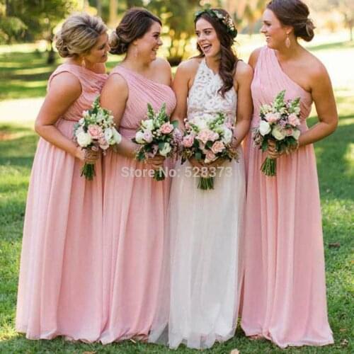 YNQNFS BD31 Elegant Chiffon Ruched One Shoulder Cheap Bridesmaid Dresses Long Pink