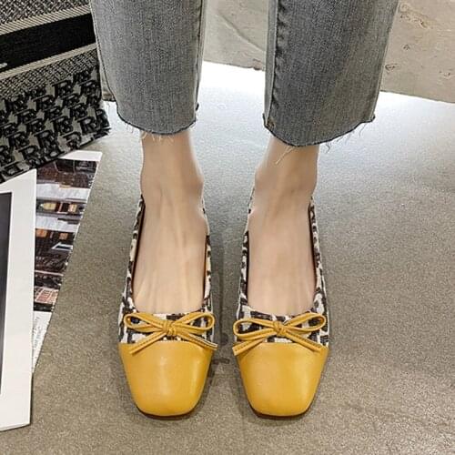 Women Flats Square Toe Ballet Flats Bowtie Slip on Shoes For Woman Jacquard Fabric Boat Shoes Comfortable Zapatos Mujer 9297G