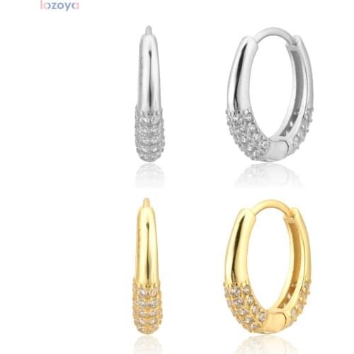 LOZOYA 925 Sterling Silver Gold 10mm Zircon Pave Hoops Women Party Wedding Luxury Circel Huggies Earring Jewelry Gift Valentien