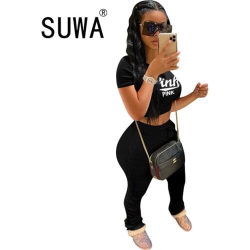 Classic Contrast Pink Printed Loungewear Women Two Piece Pants Sets Summer Clothes Pullover T-Shirt And High Waist Leggings