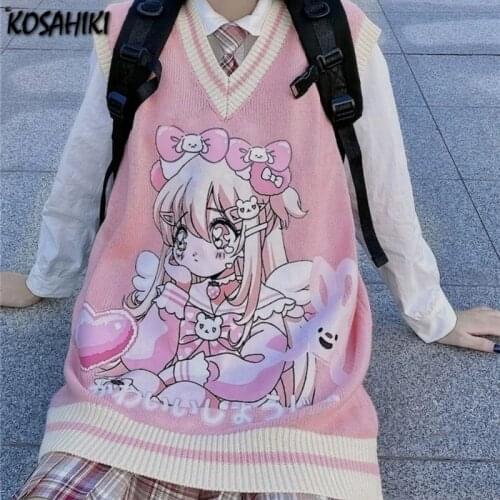 KOSAHIKI V-neck Knitted Vest Womens Sweater Autumn Korean Loose Cartoon Girl Sweater Vest Top Sleeveless Pullover Y2k Waistcoat