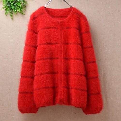 Spring Autumn red Sweater Jacket Women Exquisite mink cashmere knitted striped cardigan coat slim sweater coat female jackets