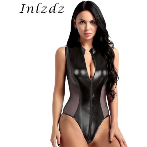 Women Lingerie High Cut Thong Leotard Bodysuit Shiny Metallic Patent Leather Sheer Mesh Splice Sleeveless Double Zipper Clubwear