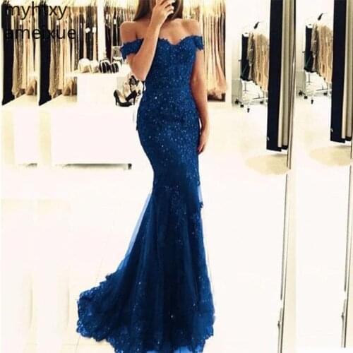 Royal Blue Plus Size Evening Dresses Off The Shoulder Appliques Beaded New Formal Party Mermaid Style Sweep Train Robe De Soiree