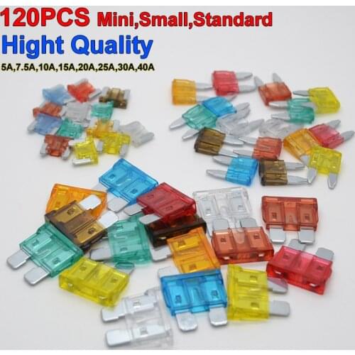 120Pcs Assorted Car Boat Truck Mini Small Standard Type 5A 7.5A 10A 15A 20A 25A 30A 40A Motorcycle Suv Replacement Fuse
