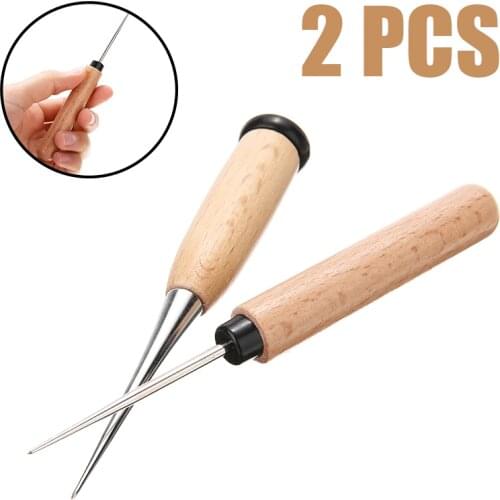 2pcs Stainless Steel Leather Craft Awl Tool DIY Hole Maker Wooden Handle Sewing Stitching Punching Leather Awl Sewing Supplies