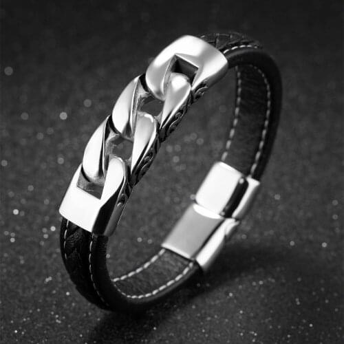 Genuine leather bangle Stainless Steel Vintage Magnetic buckle Bracelet Bangle Unisex Mens Jewelry 8