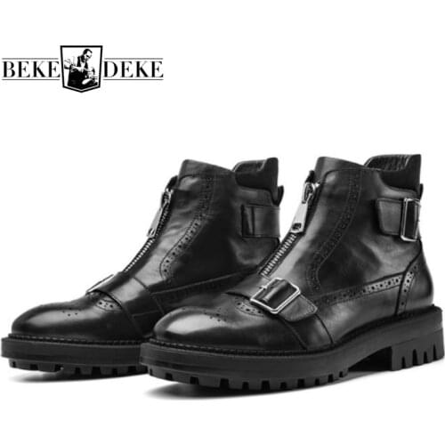 Black Front Zippers Men Winter European American Style Thick Platform Genuine Leather Buckle Strap Cowhide Short Tube Boots