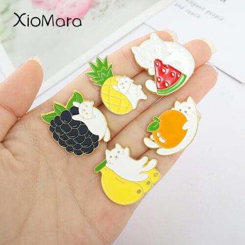 Cartoon Fruit Enamel Lapel Pins White Cat Brooches Kitty Cutie Hat Bag Badges Accessories Women Girl Fashion Jewelry