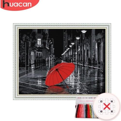 HUACAN Cross Stitch City Scenery Kit Needlework Embroidery Street Sets White Canvas DIY Gift Home Decor 11CT 14CT