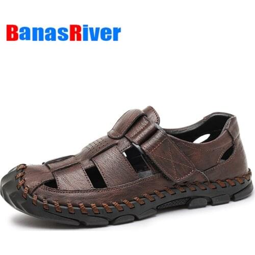 Leather Fashion Men Sandals Summer Casual Shoes Breathable Beach Sapatos Masculinos Plus Size 38-47 Hollow Breathable Driving