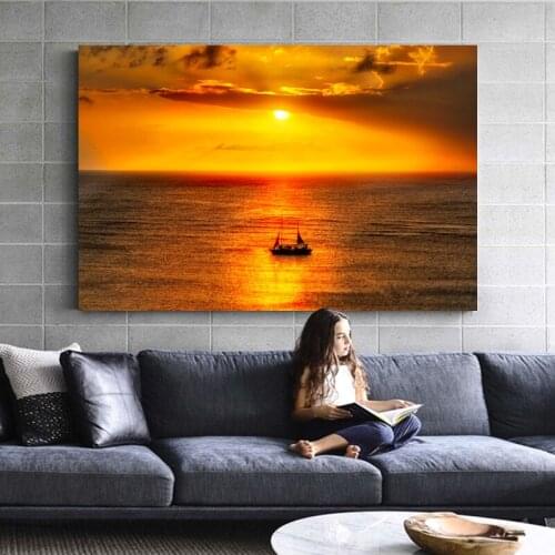 Canvas Paintings Caribbean Horizon Ocean Sailboat Sailing Seascape Sunset Posters Wall Art Prints for Living Room Decor