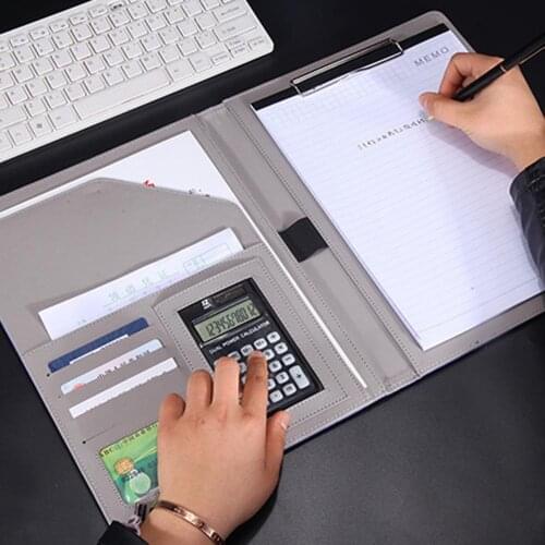 A4 Leather File Folder With Calculator Multifunction Office Supplies Organizer Manager Document Pads Briefcase Padfolio Bags