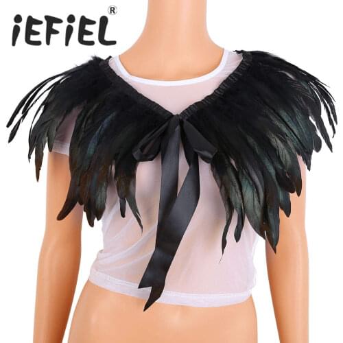 Fashion Women Cosplay Iridescent Rooster Hackle Natural Feather Cape Stole Shawl Collar with Ribbon Ties for Costume Decoration