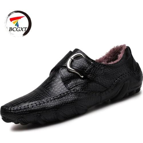 Mens Crocodile Pattern Plus Velvet Leather Boots Low-top Casual Leather Shoes Mens Fashion Mens Driving Flats