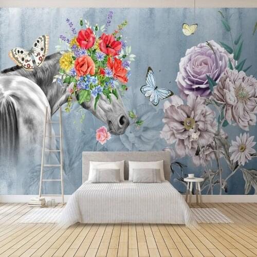 Custom Mural Wallpaper Nordic Modern Art Horse Flowers Wall Painting Living Room TV Sofa Background Wall Mural Papel De Parede