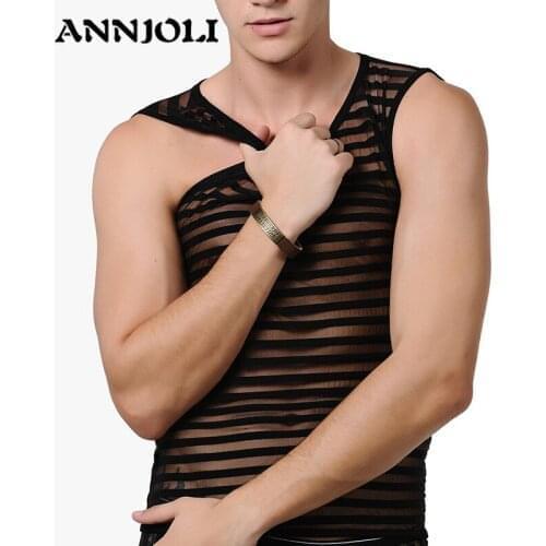 ANNJOLI New Men Fitness Transparent Tops Engineers Stretch Striped Mens O-Neck Thin Vest Juvenile Elastic Nylon Striped Singlet