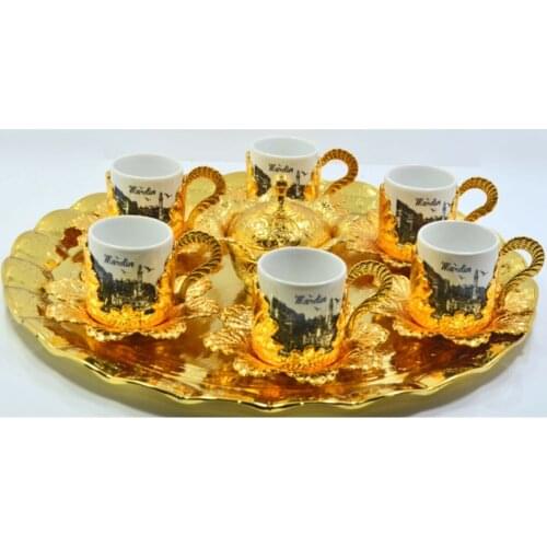 Turkey authentic AMAZING Golden Yellow Mardin Lettering Picture Embroidered Souvenir Set of 6 Coffee Cups Full Set FREE SHİPPİNG