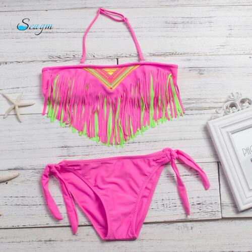 3-12 Years Tassel Girls Bikinis 2020 Mujer Children Bikini Set Solid Kids Swimwear Swimsuit 5 Colors Bathing Suit Biquini 102