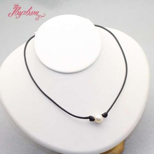 8-10mm Natural Freshwater Pearl Round Stone Beads Leather Necklace For Women Wedding Christmas Gift Fashion Chokers Necklace 16"