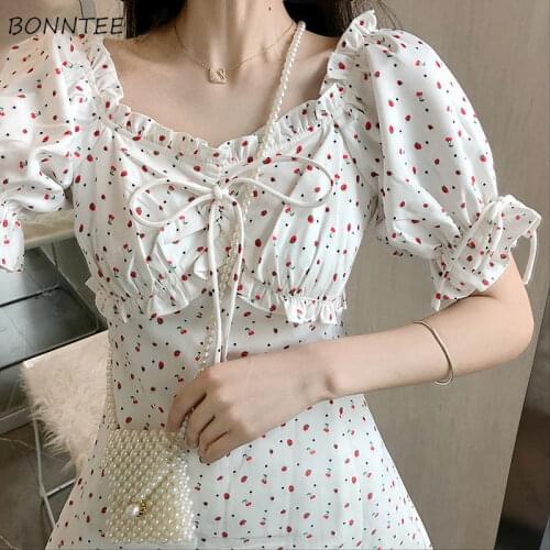 Dress Women A-line Elegant Kawaii Floral Design White Sweet Girl Soft Fashion Lace Up Party Retro French Dresses Female Romantic