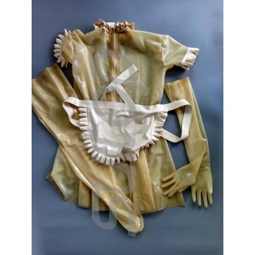 Maid rubber dress latex unform sets dress+gloves+stocking+apron sexy lady for girl woman erotic in trasparent clear back zipper