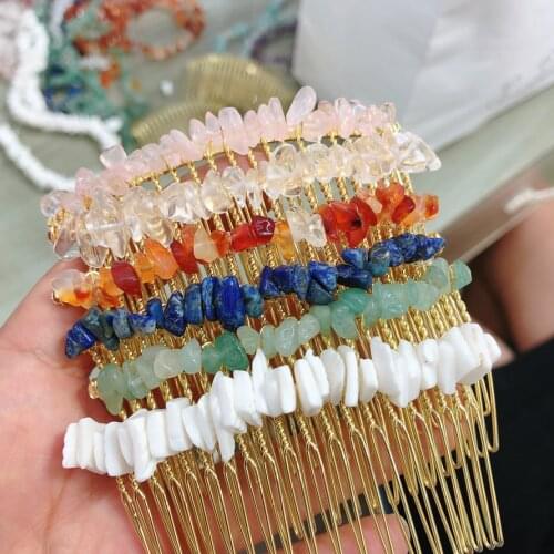 Crystal Hair Jewelry Wedding Bridal Hair Accessories Chipped Gravel Beaded Natural Amethysts Pink Quartz Stone Comb French Clip