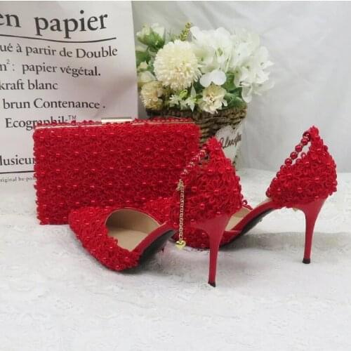 Red Women Wedding Shoes Thin Heels Sandals Lace Flower Ankle Strap Pointed Toe Ladies Party Dress Shoes And Bag Bride High Heel